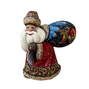 G.DeBrekht Happy traveler Santa Wood Hand Carved Painted Signed Christmas Decor